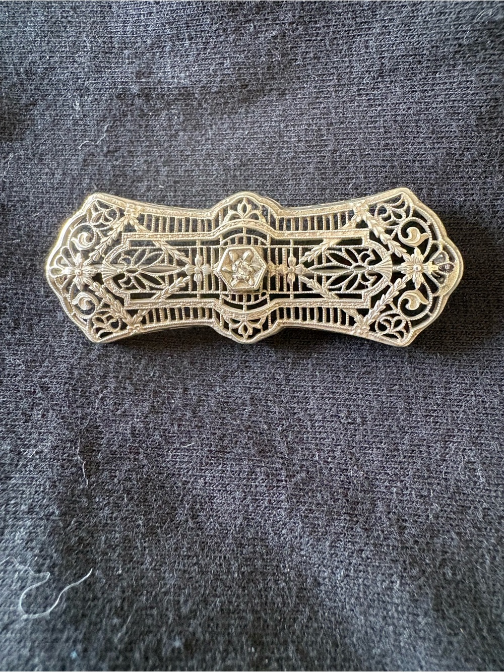 Vintage Silver Tone Filigree Floral Bar Brooch with Stone